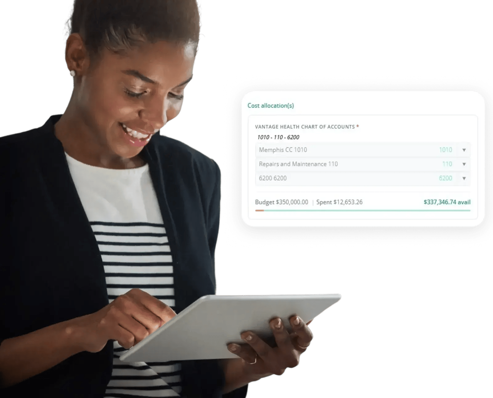Businesswoman reviewing real-time spend against budget