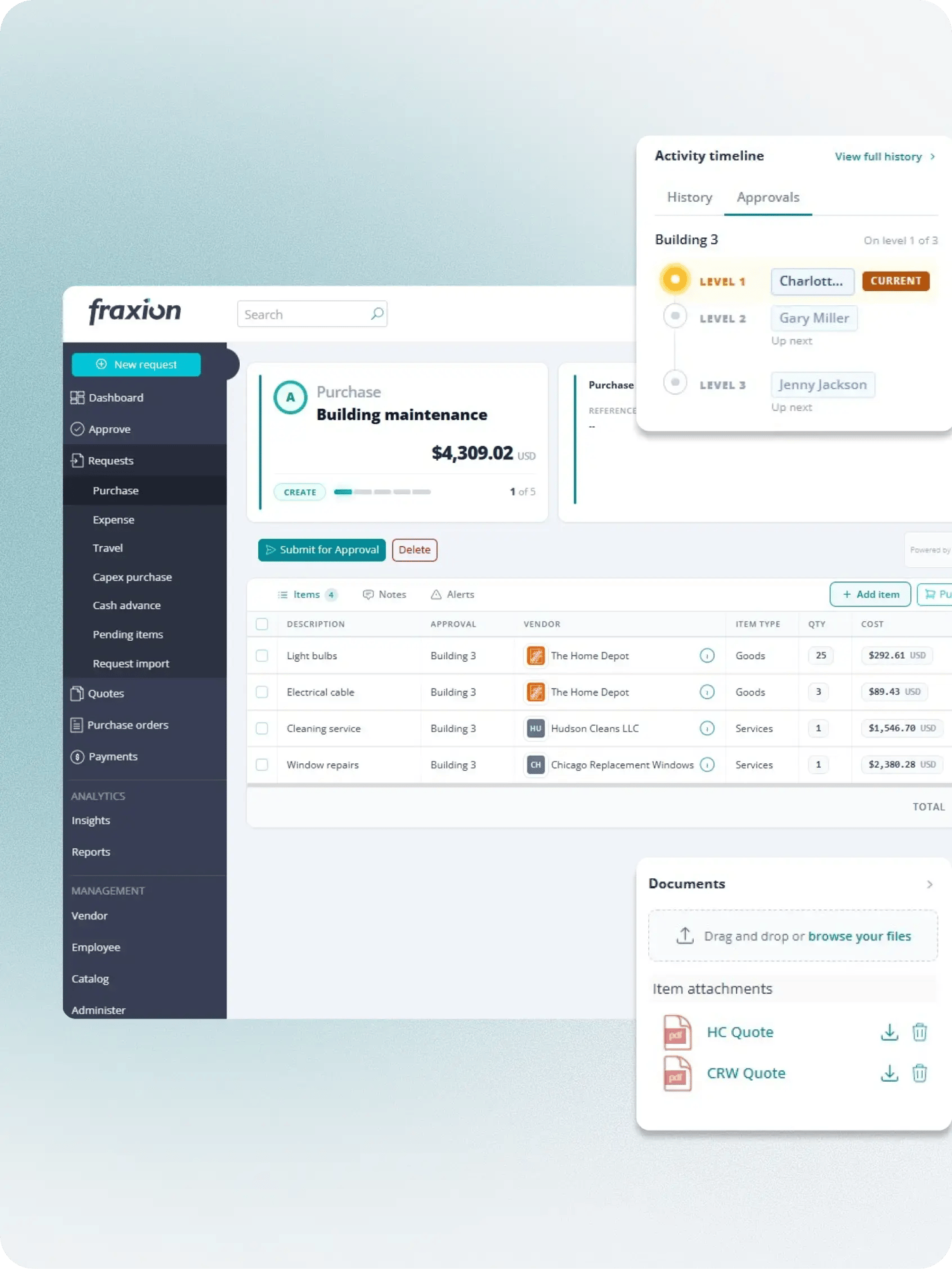 Building-maintenance purchase request and approval