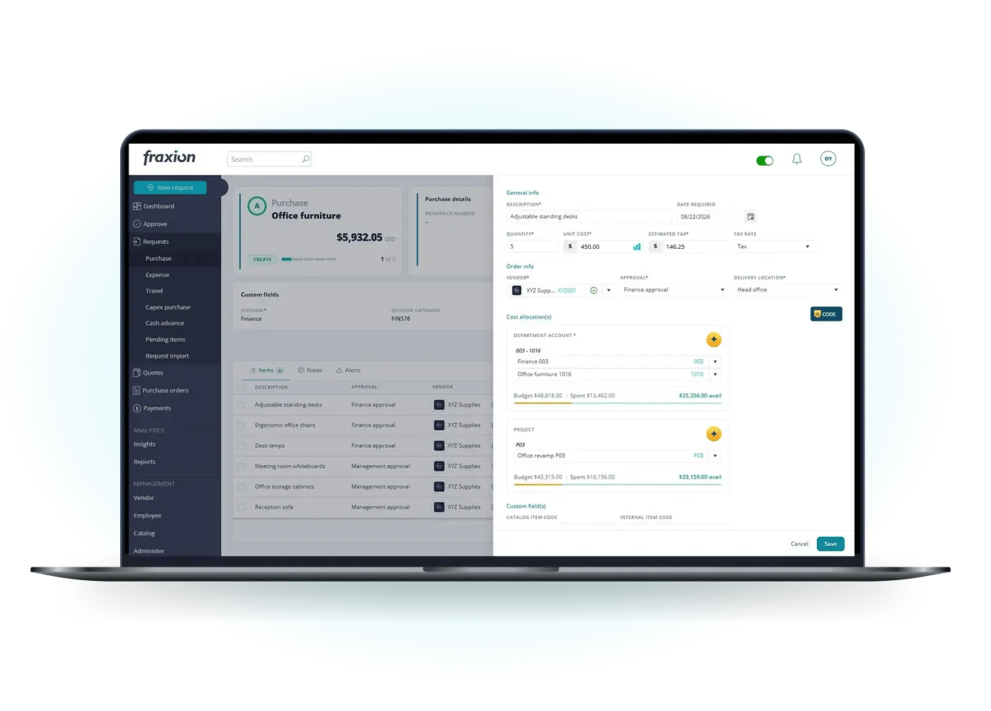 Fraxion procure-to-pay dashboard on a laptop