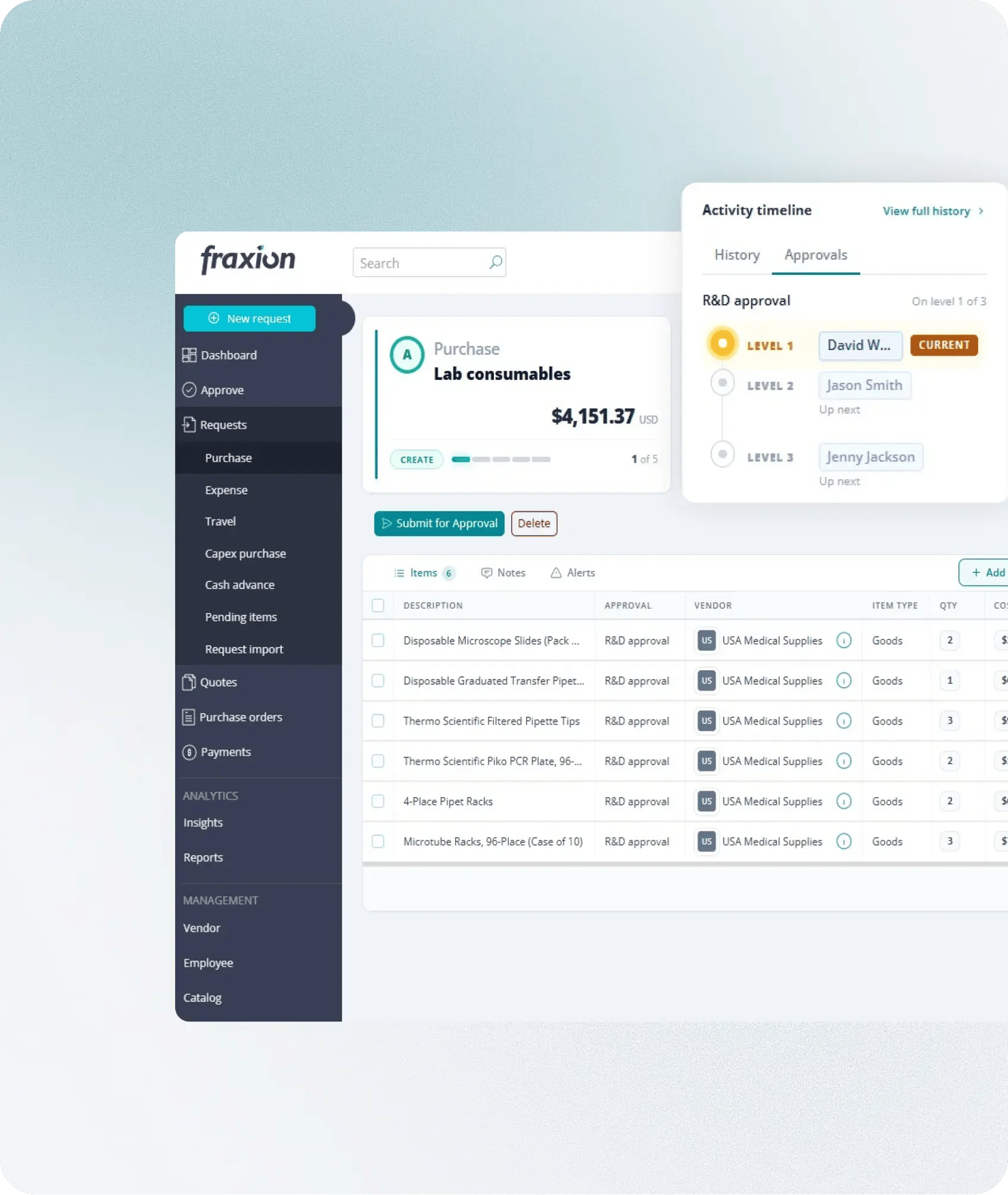 Fraxion purchase request with multi-level approval routing and policy enforcement