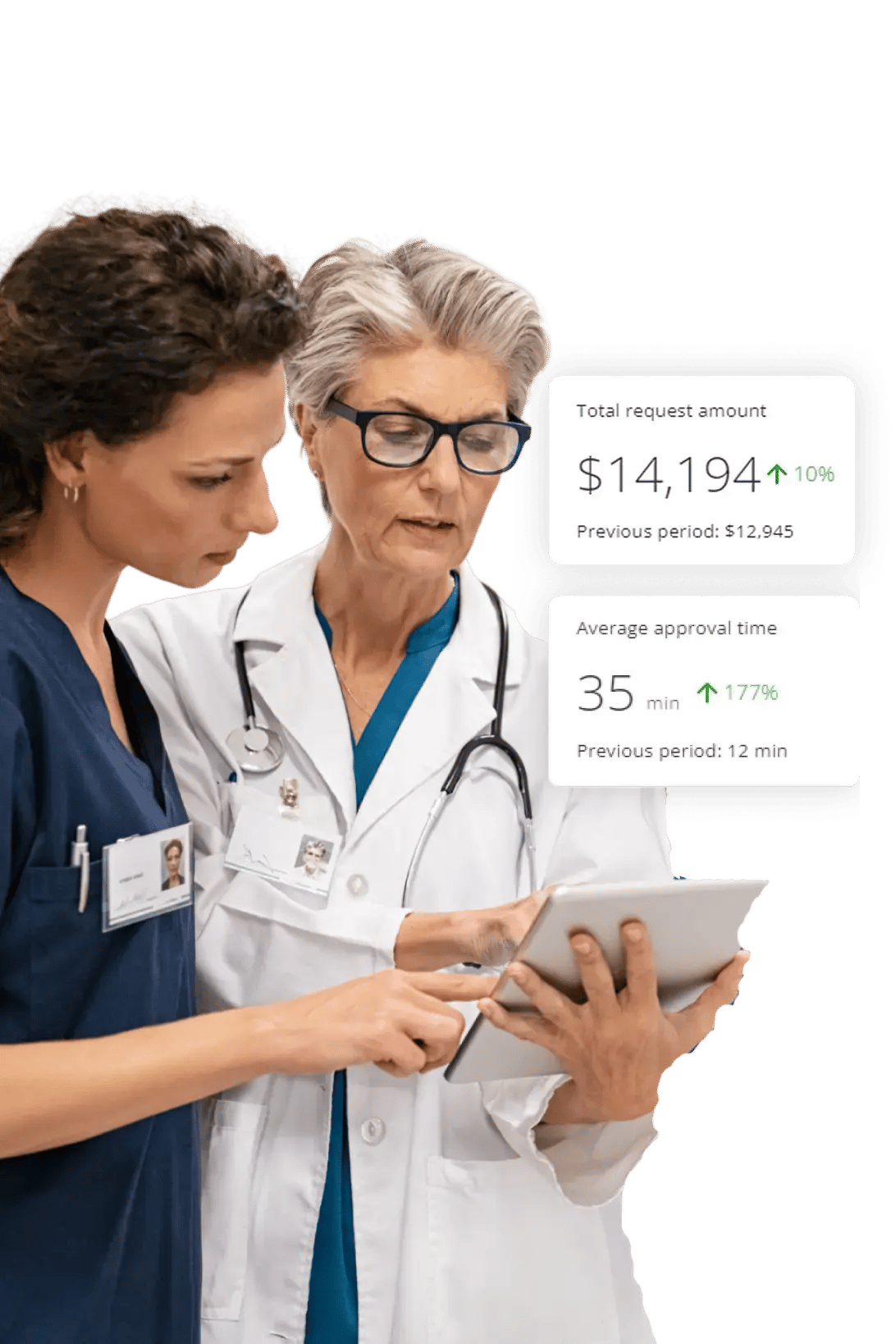 Healthcare finance professional approving purchase requests from a mobile device