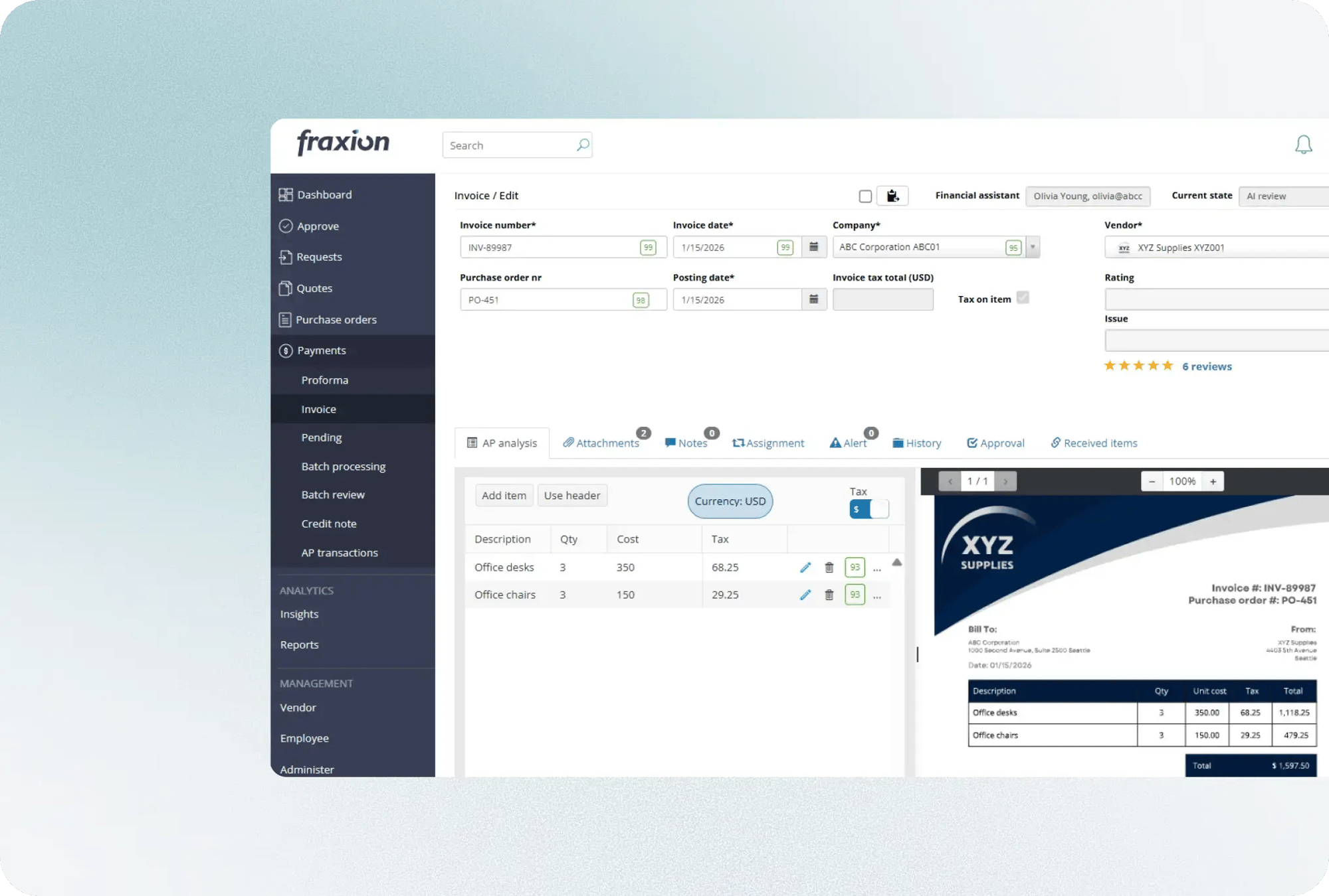 AP automation with AI invoice data extraction in Fraxion