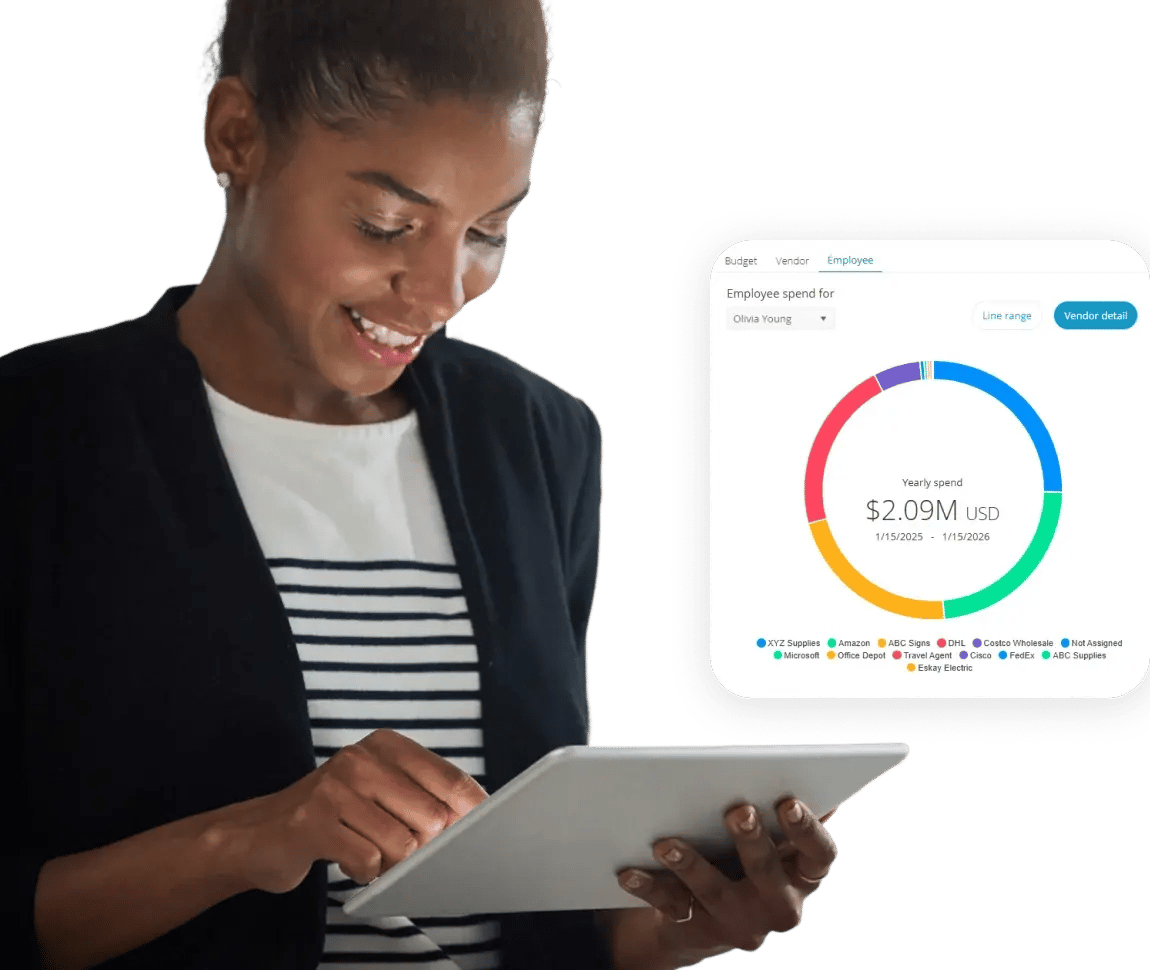 Businesswoman reviewing real-time spend against budget