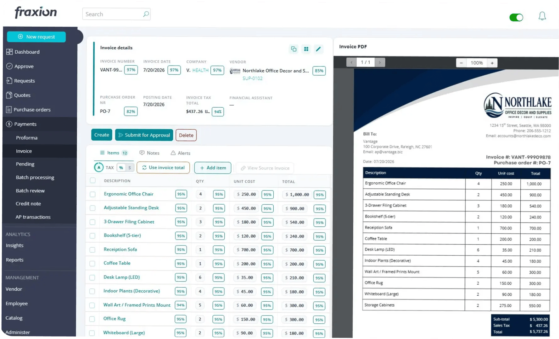 Fraxion invoice details screen with line items and extraction confidence