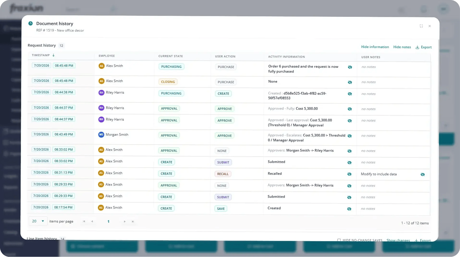 Fraxion document history with request activity trail