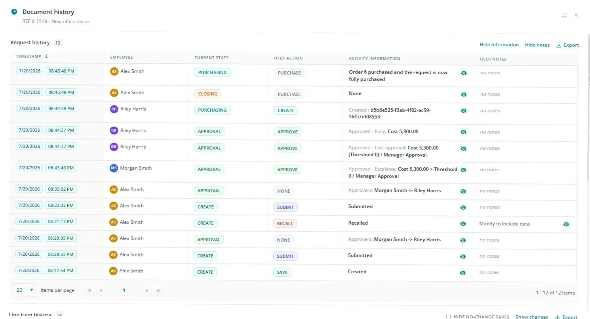 Fraxion document history with request activity trail