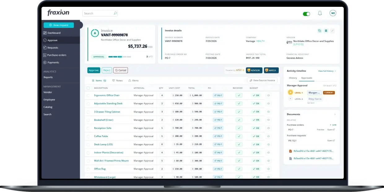 Fraxion invoice approval dashboard on a laptop