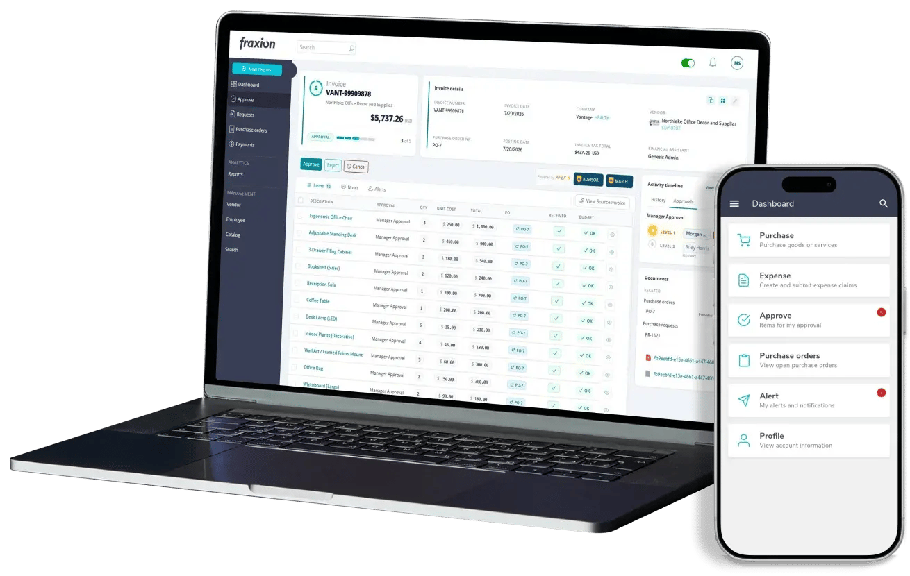 Fraxion procure-to-pay dashboard on a laptop