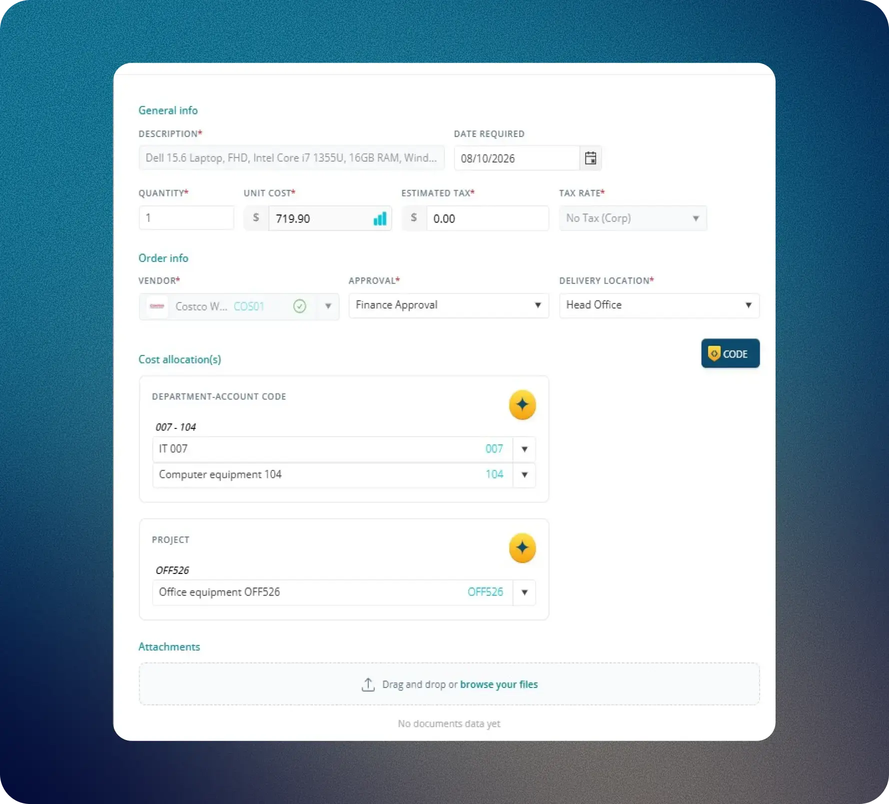 Catalog vendor and cost allocation