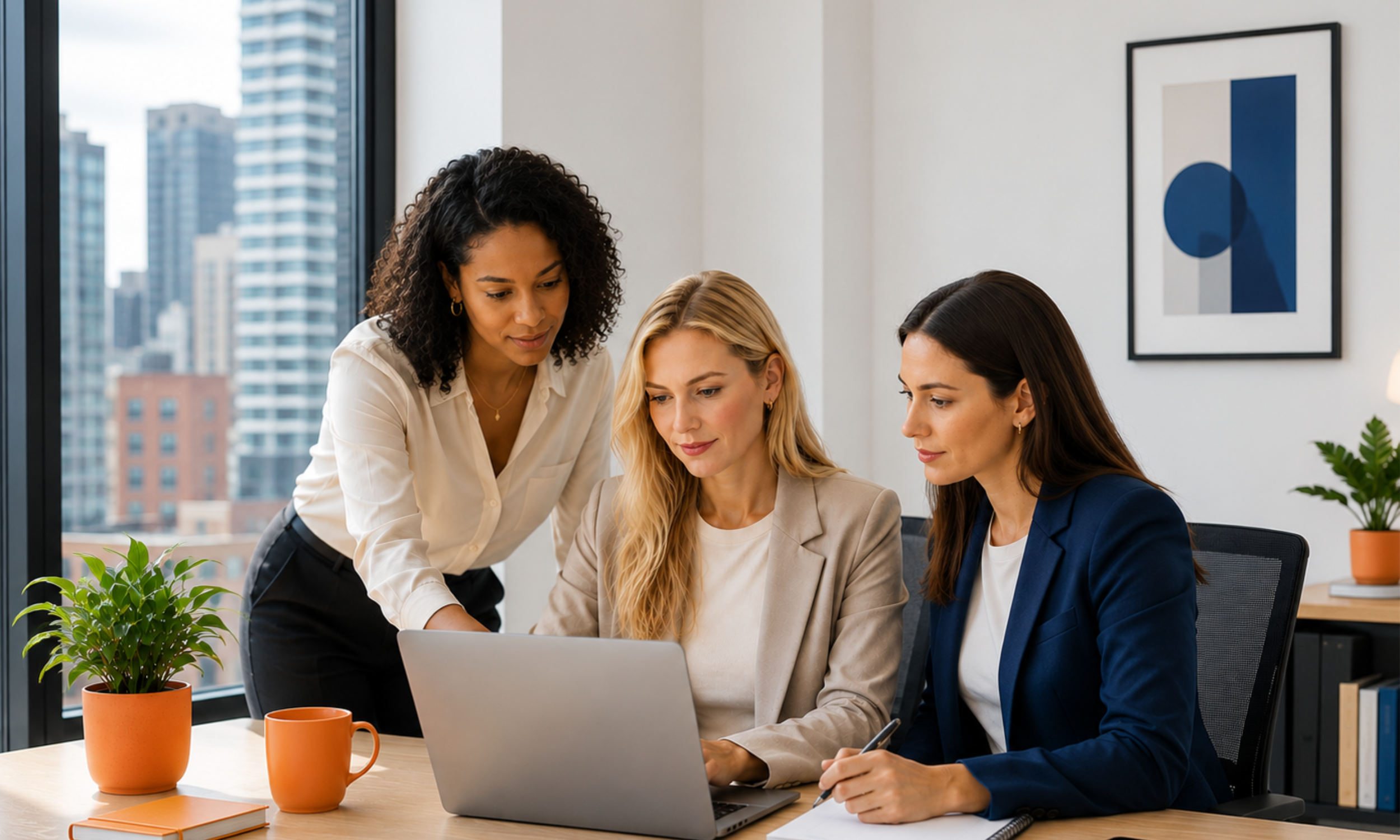 A team of professional women working together on a laptop