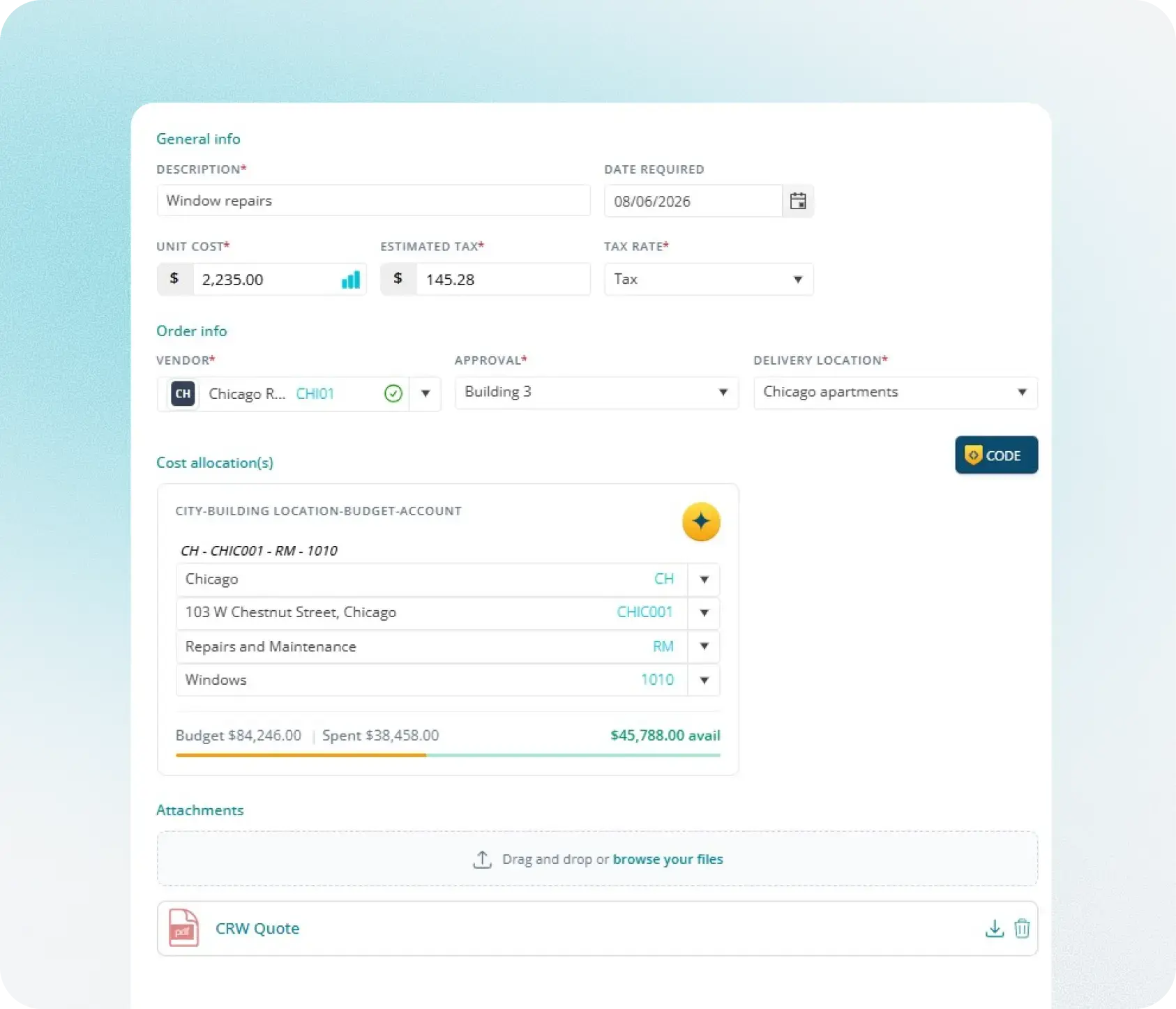 Building-maintenance purchase requisition with approval routing in Fraxion