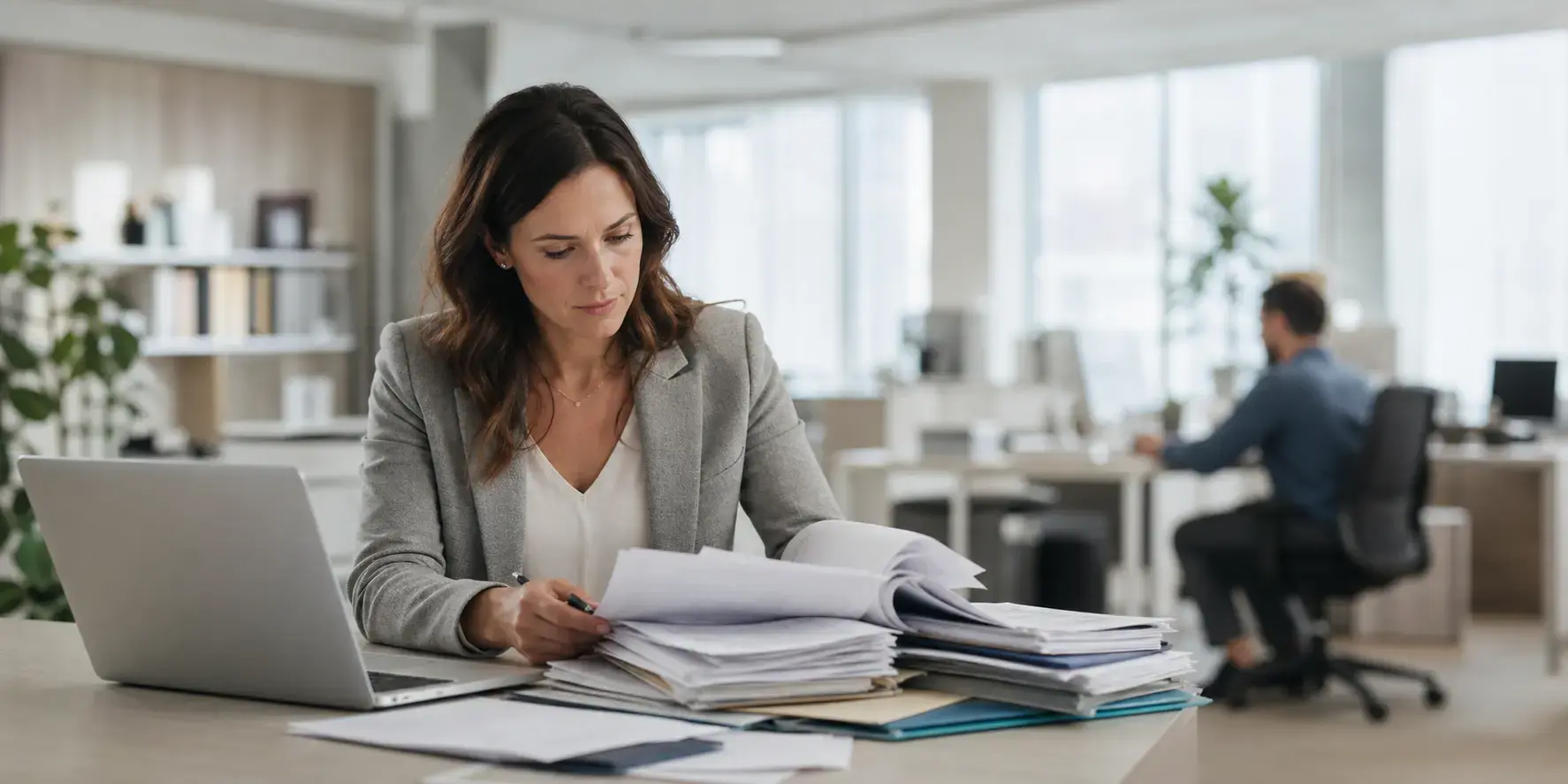 Finance professional reviewing a stack of paper invoices beside a laptop, illustrating accounts payable risks in manual AP