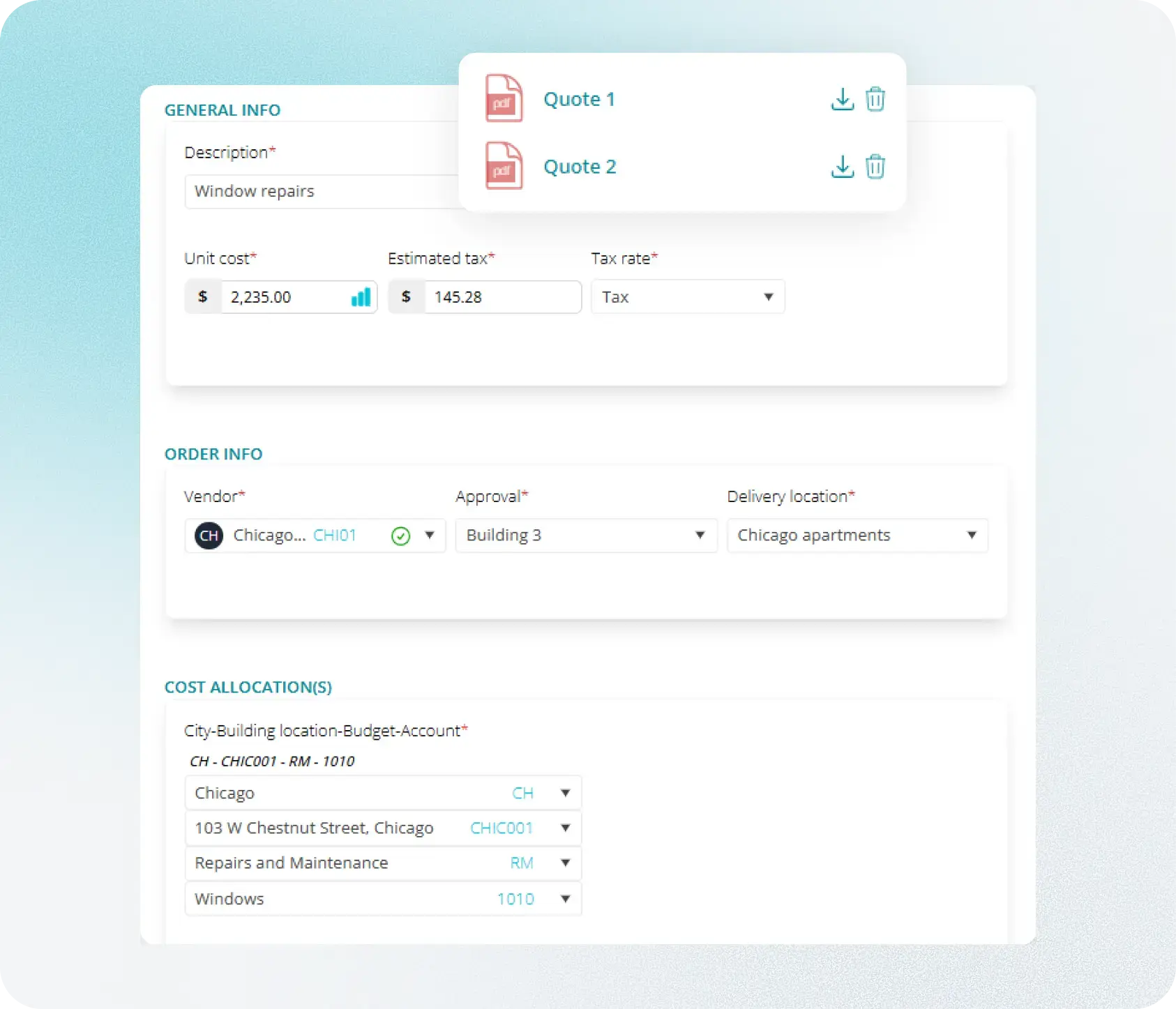 Building-maintenance purchase requisition with approval routing in Fraxion