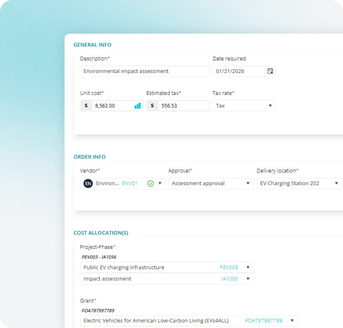 Government purchase requisition with grant and cost-allocation tracking in Fraxion