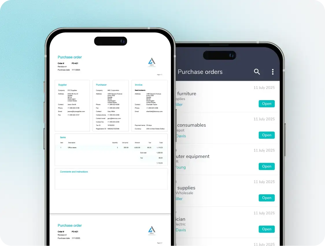 Fraxion purchase order app shown on two mobile phones