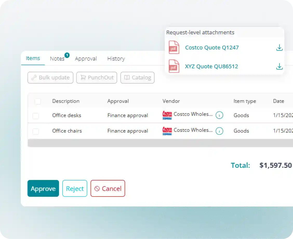 Purchase order with request-level attachments, approvals, and line items