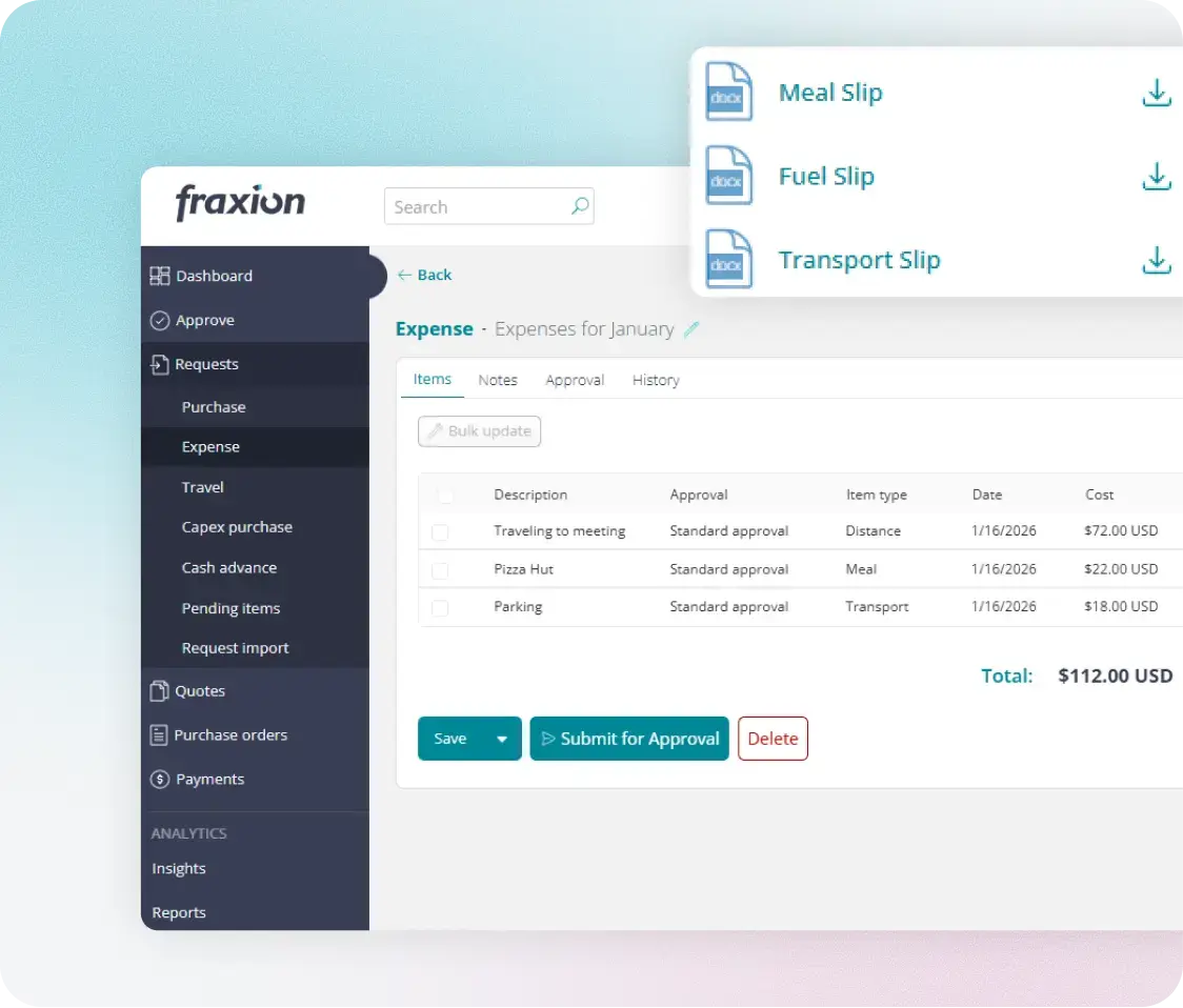 Expense report dashboard with receipt slips