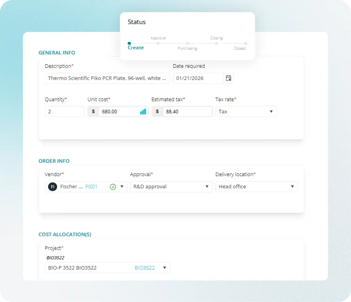 Purchase request with cost allocation and approval group for lab supplies