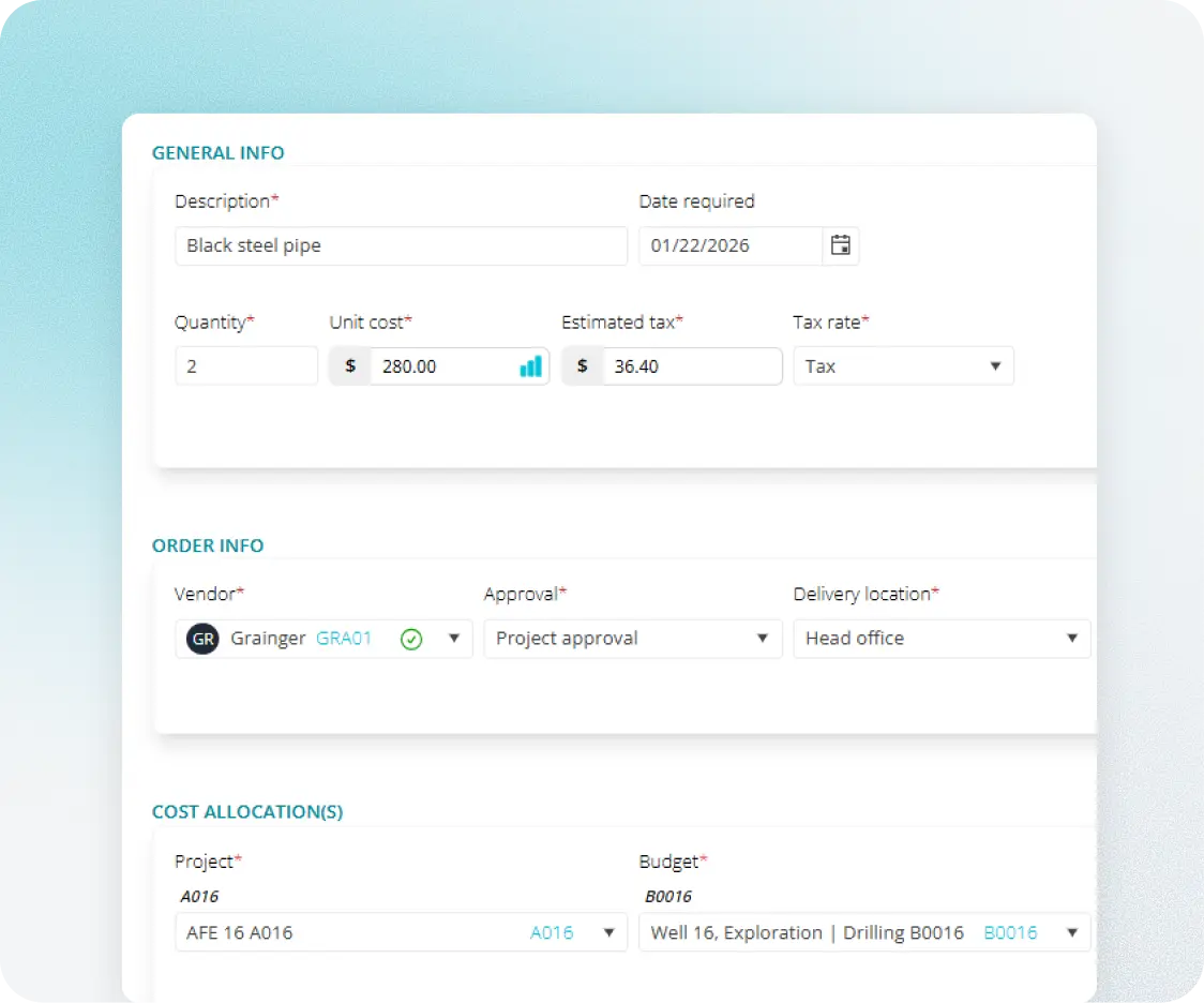 Procure-to-pay purchase request and cost allocation dashboard for natural resources