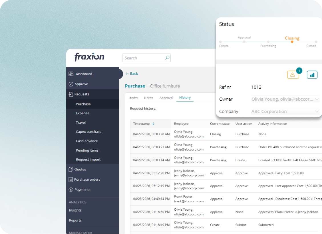 Request history activity log with status timeline