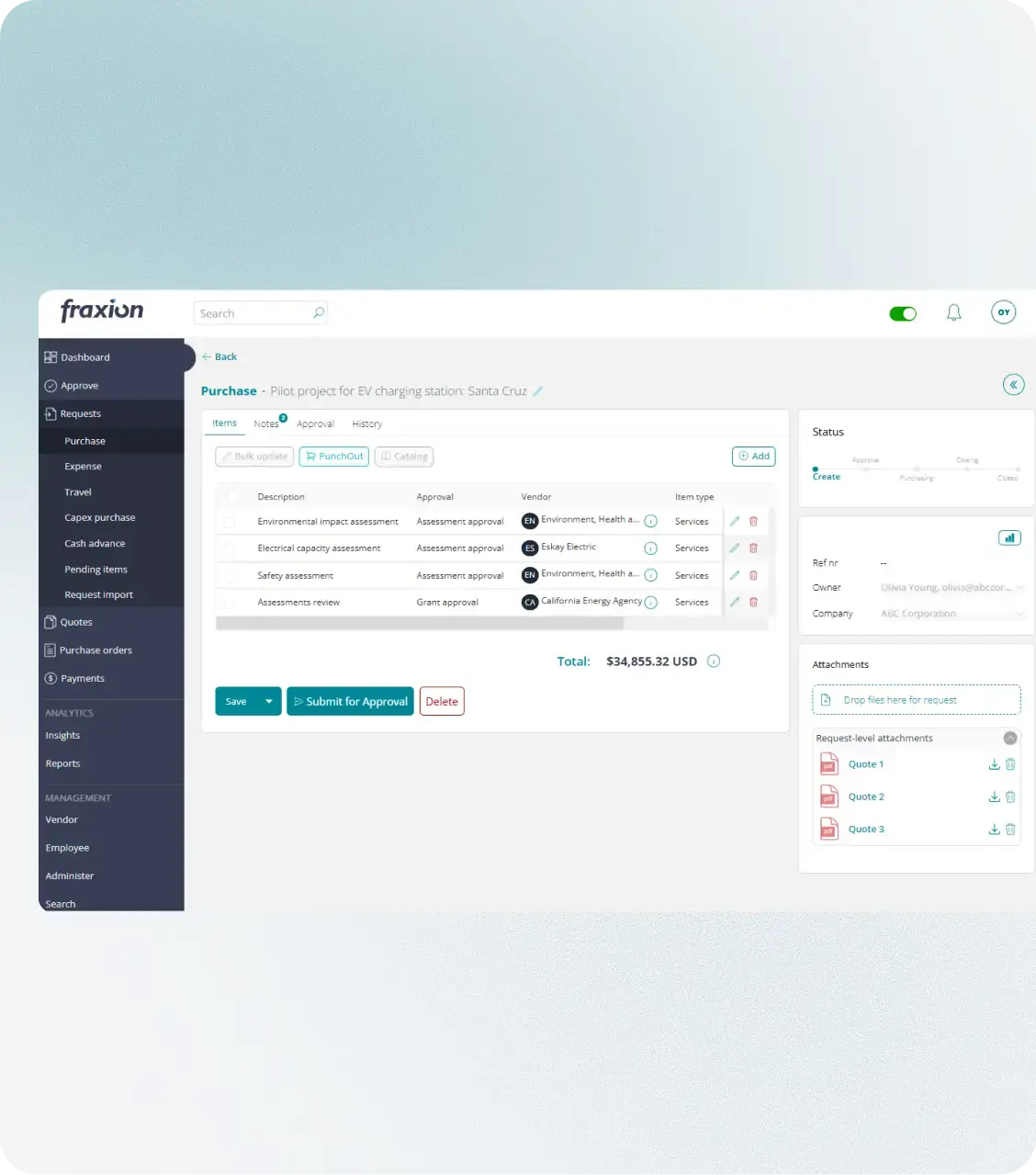 Purchase request line items with PunchOut and catalog purchasing