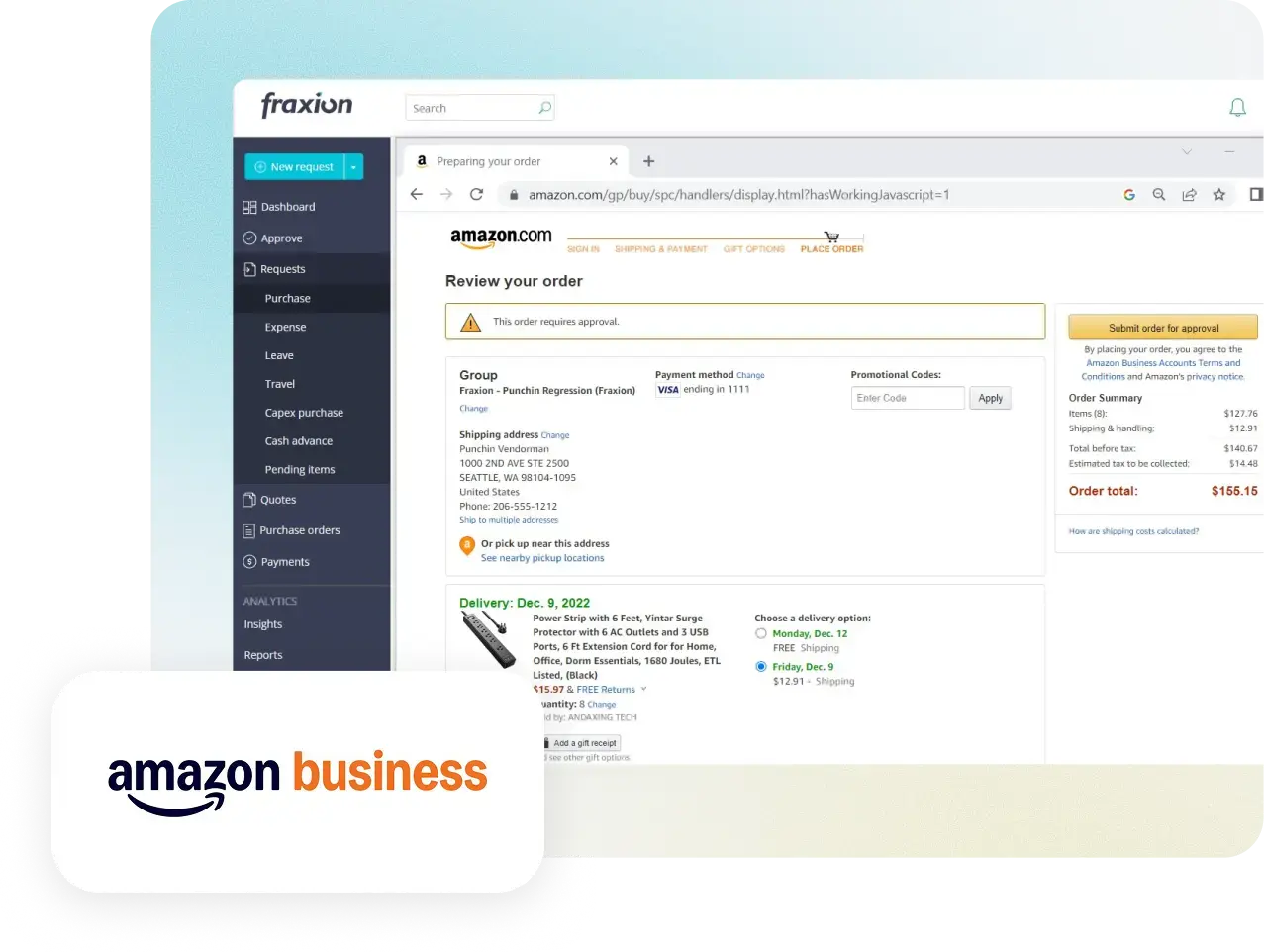 PunchIn shopping cart routed from Amazon Business into Fraxion