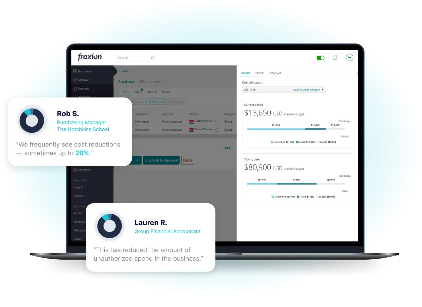 Fraxion budget insight on a laptop with customer testimonial cards