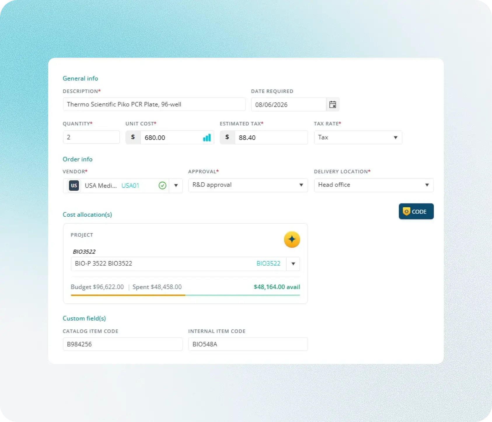 Purchase request with cost allocation and approval group for lab supplies