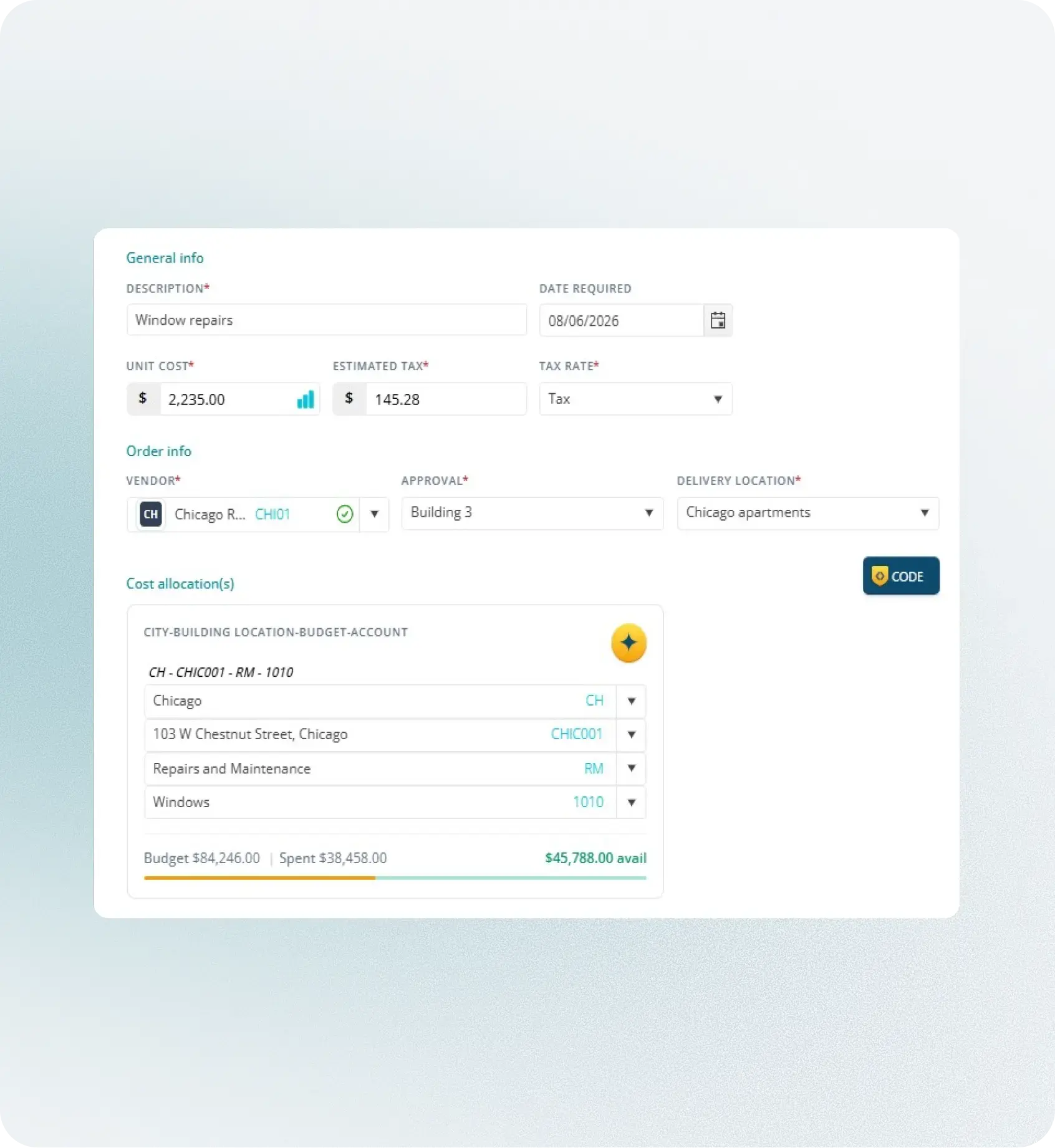 Purchase request with property cost allocation in Fraxion