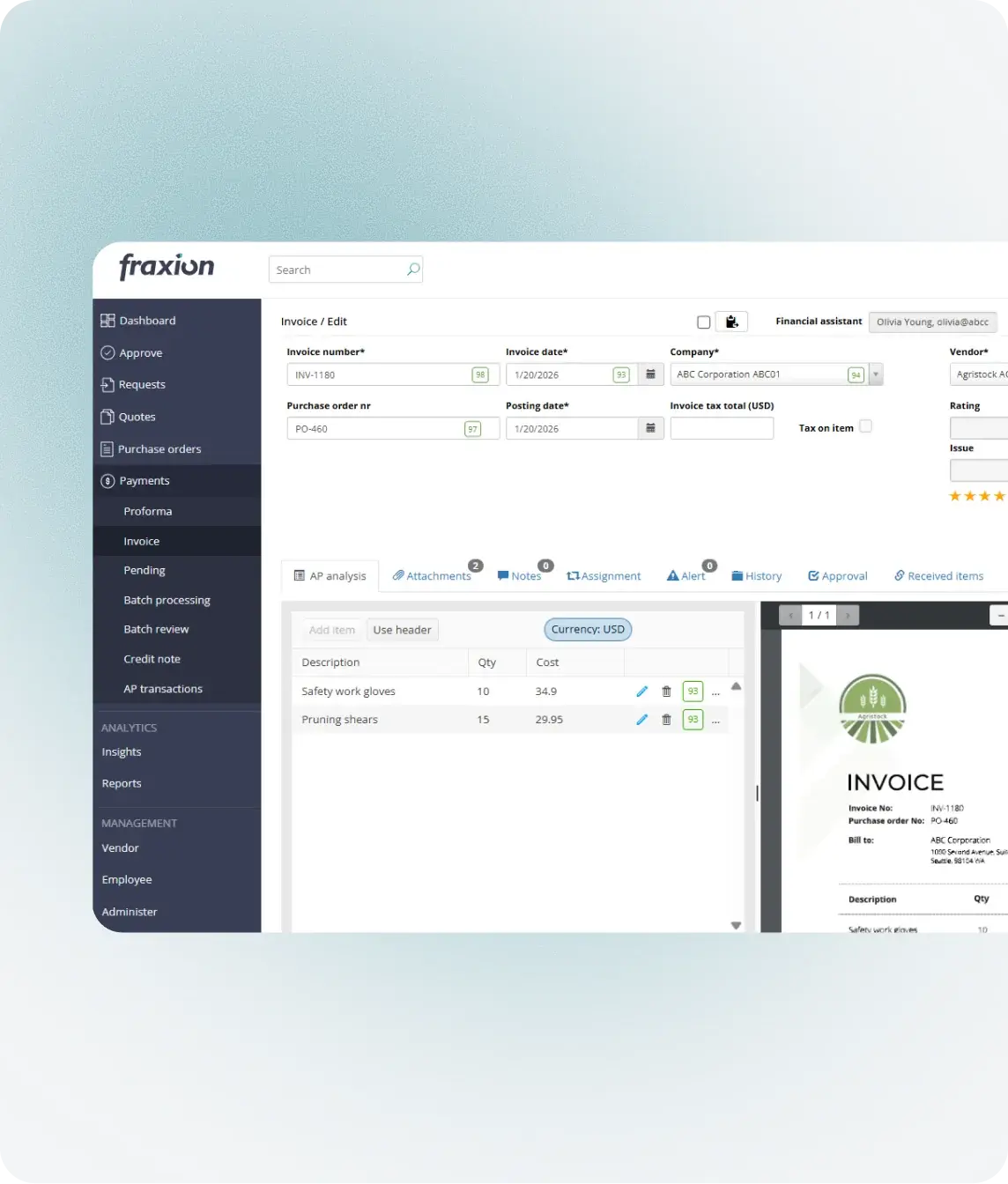 AP automation dashboard matching invoices against POs and receipts