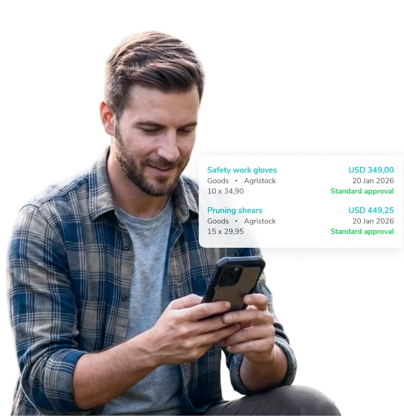 Field operator submitting a purchase request on a mobile device