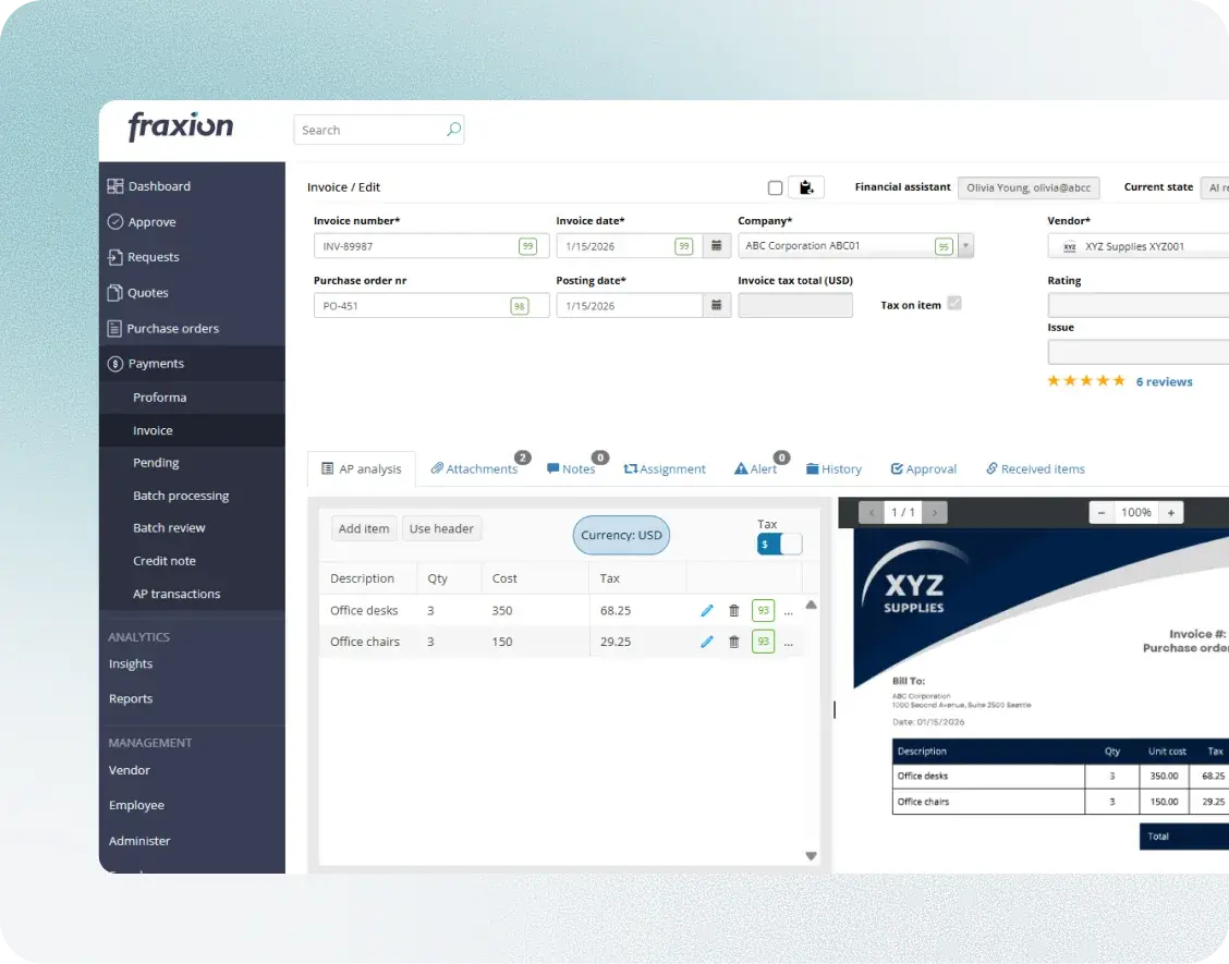 Fraxion invoice processing screen