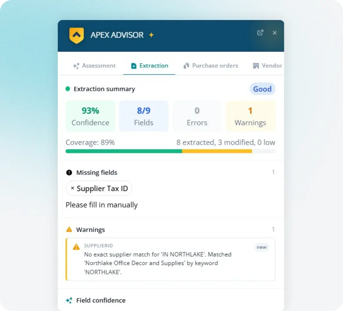 Fraxion AI invoice extraction summary with confidence scoring