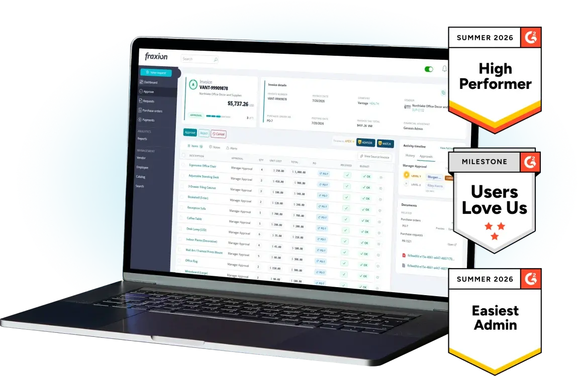 Fraxion AP automation on a laptop with G2 High Performer, Users Love Us, and Easiest Admin badges