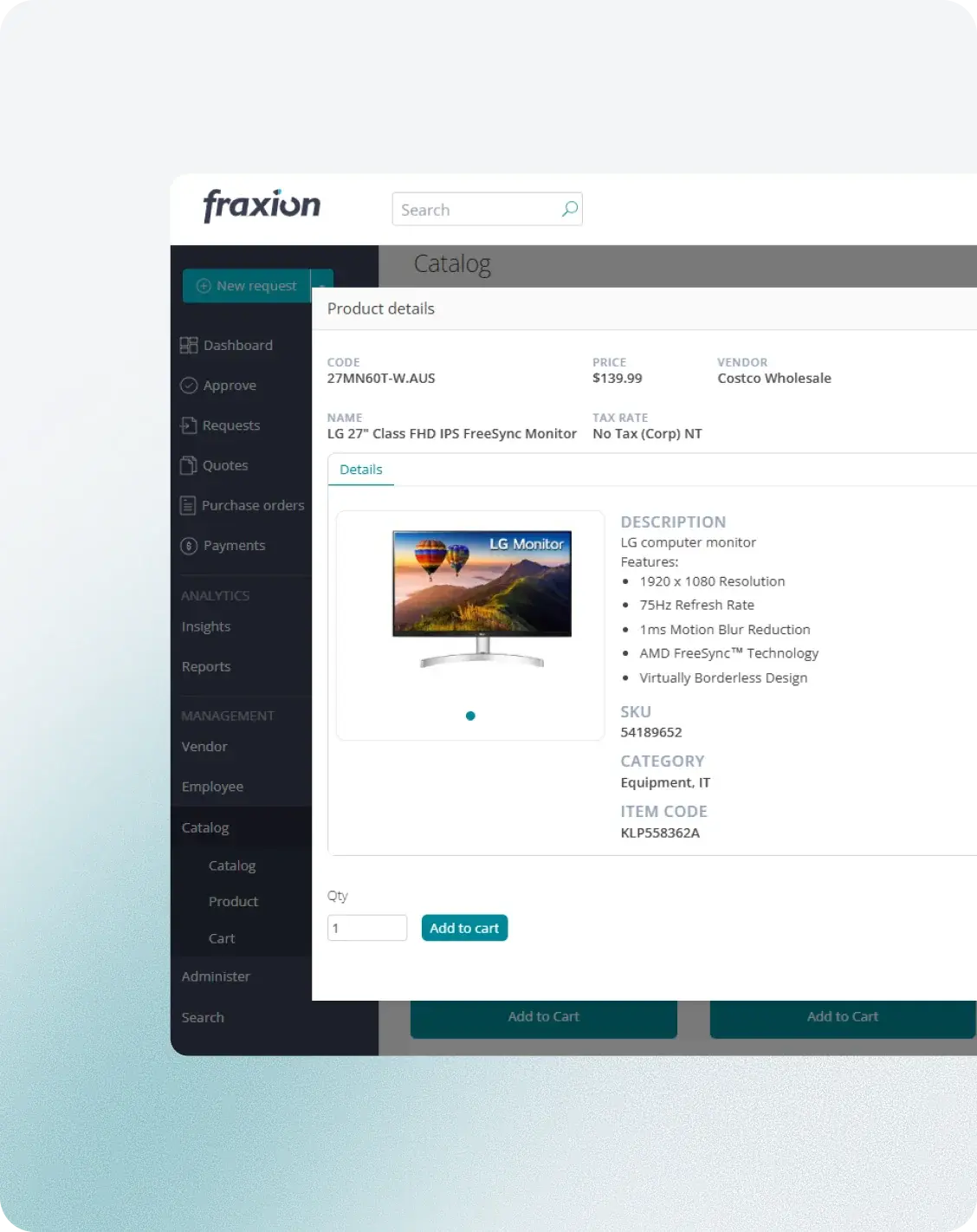 Internal catalog product browsing and cart in Fraxion