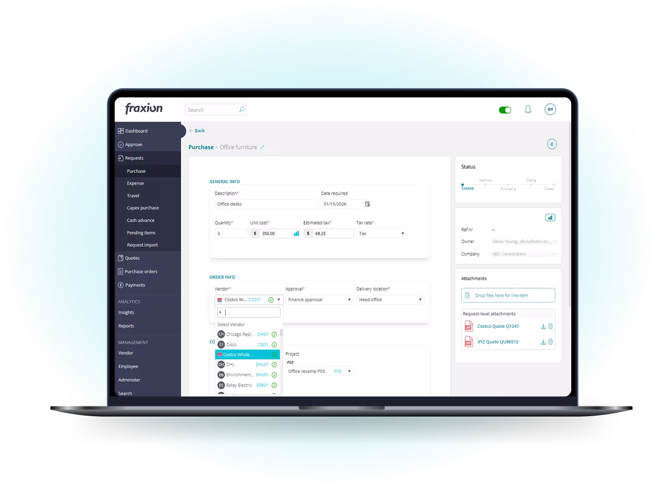 Fraxion purchasing dashboard on a laptop