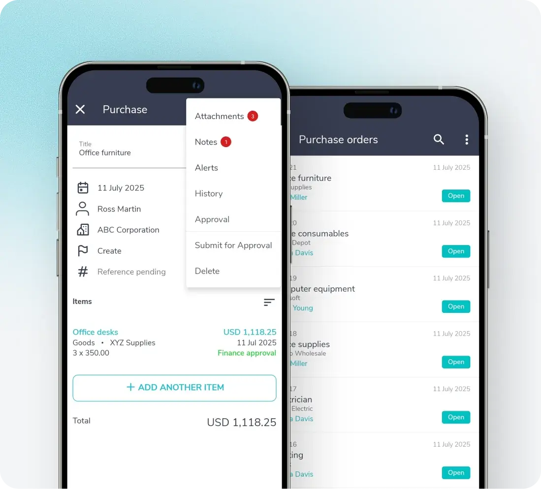 Fraxion mobile app purchase request and approval screens