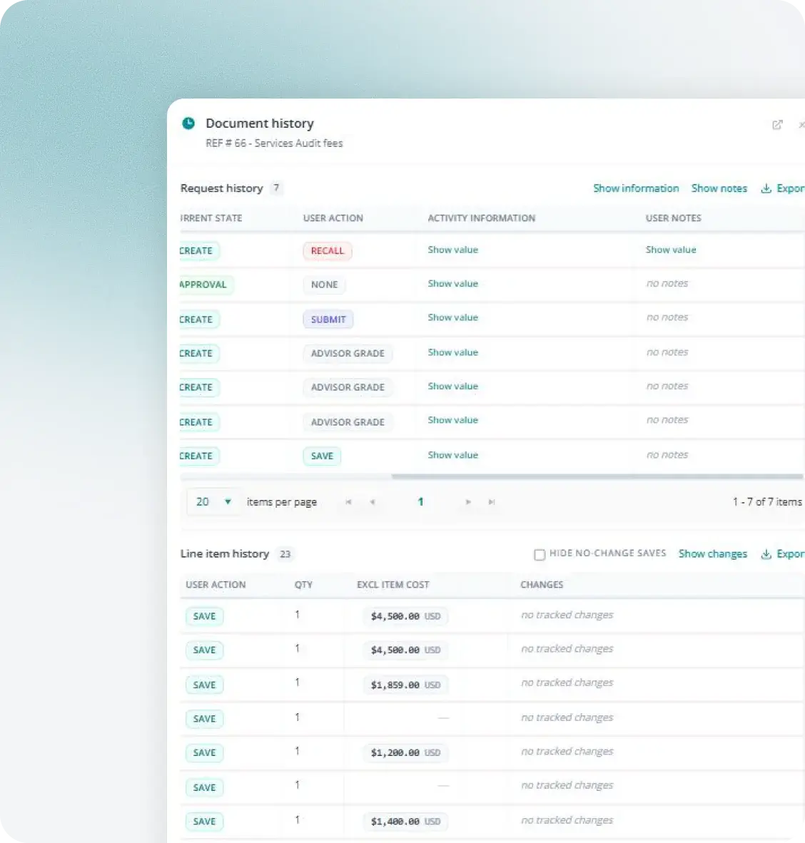 Fraxion audit trail and approval history for a purchase request