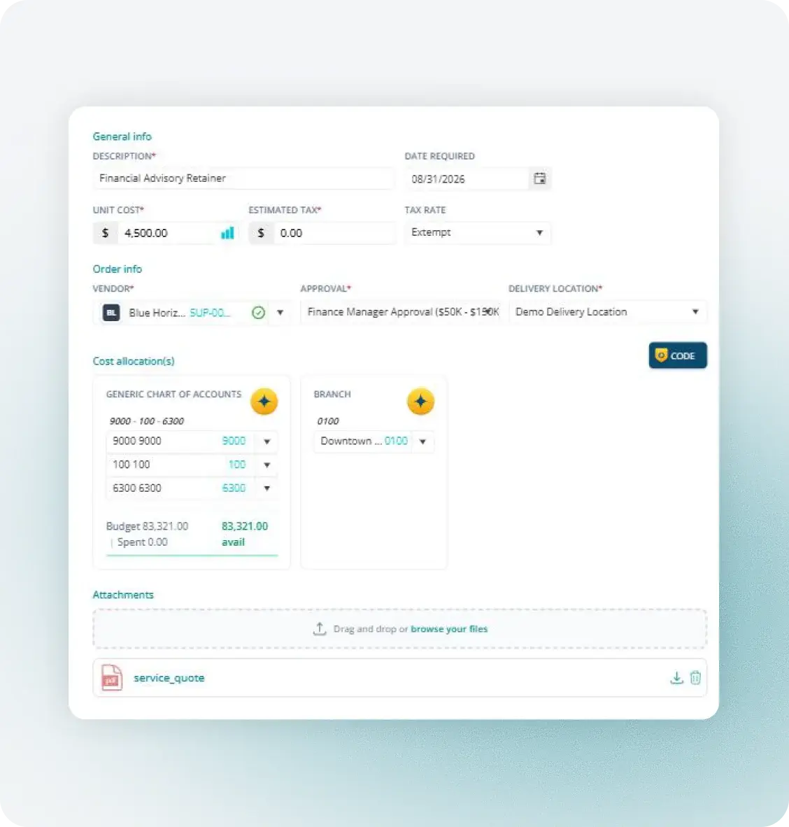 Fraxion purchase request with approval routing across branches