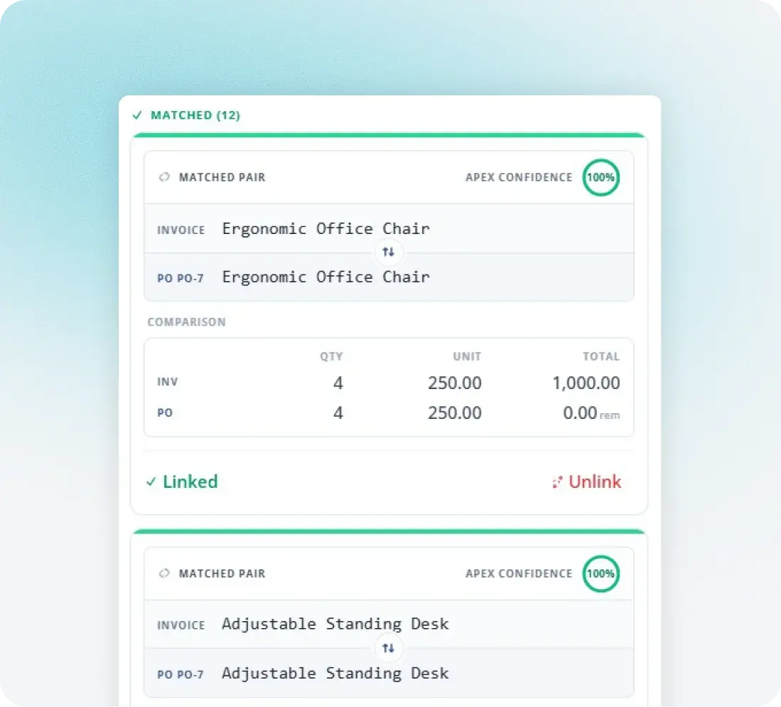 Fraxion three-way invoice matching with matched pairs and confidence scores
