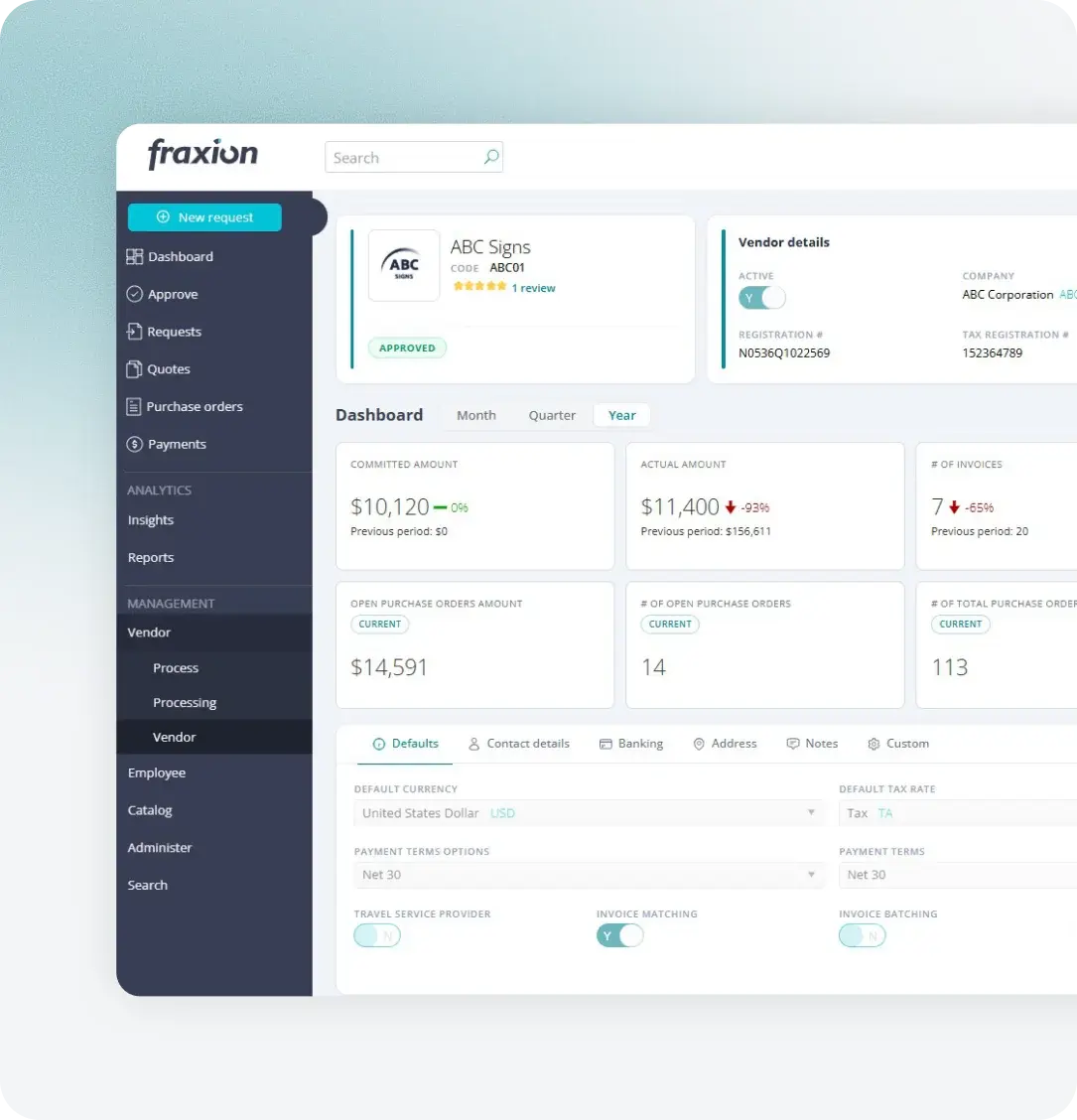 Fraxion vendor dashboard with committed and actual spend