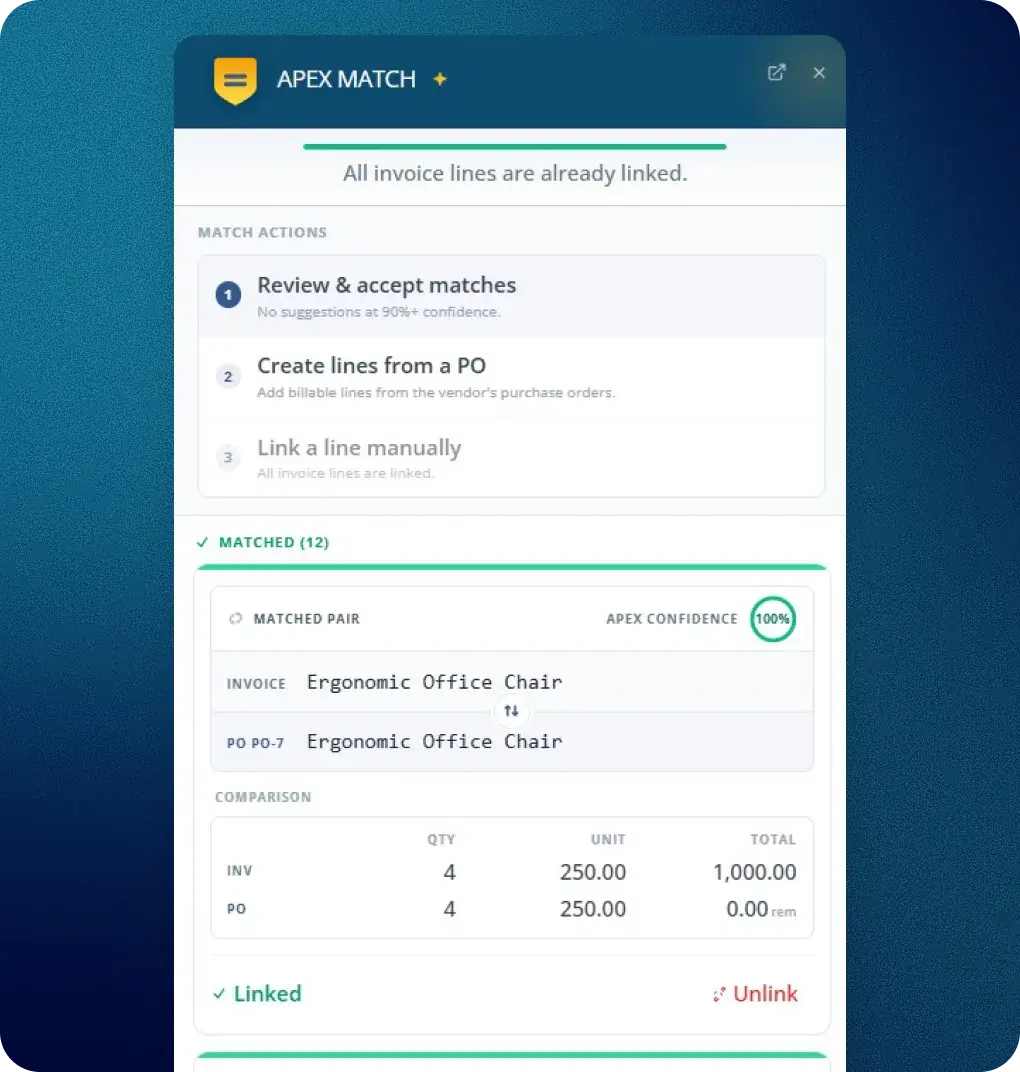 Fraxion Apex match panel with linked invoice lines