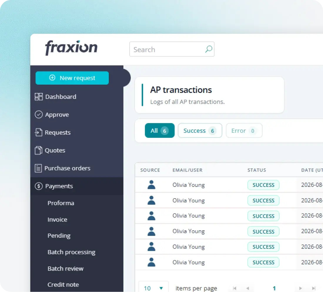 Fraxion AP transactions log with posting status