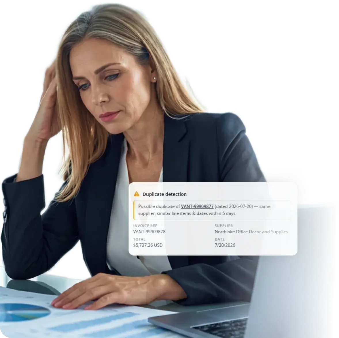 Controller reviewing a duplicate-invoice detection alert