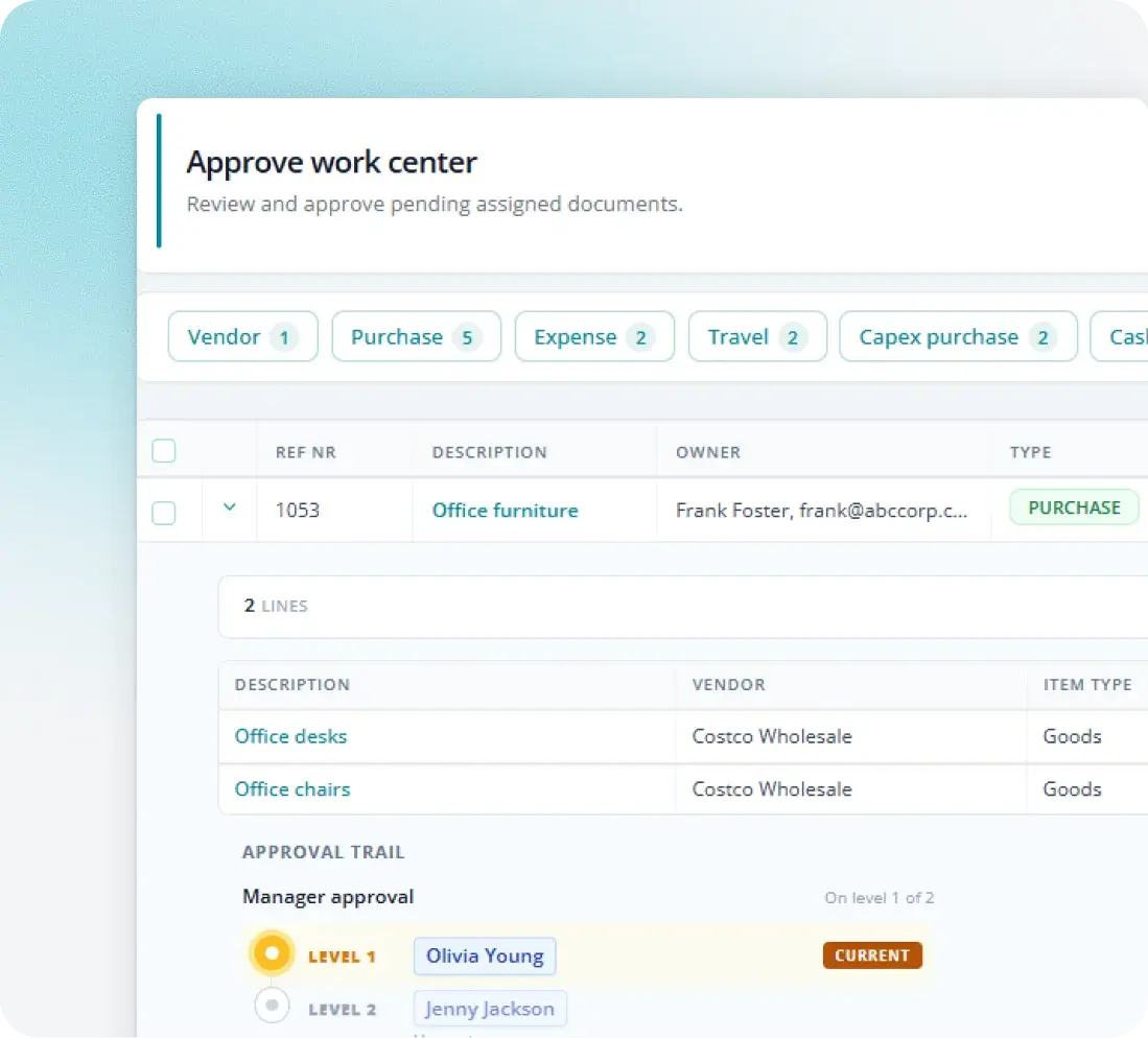 Fraxion approve work center showing an approval trail