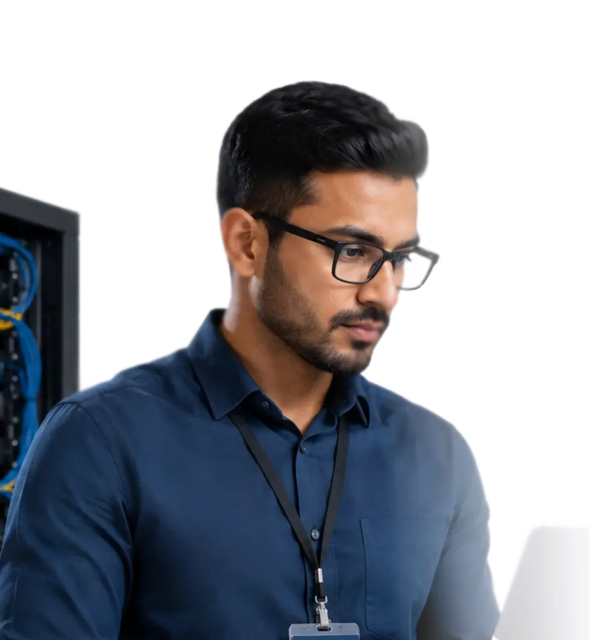 IT lead reviewing systems at a workstation