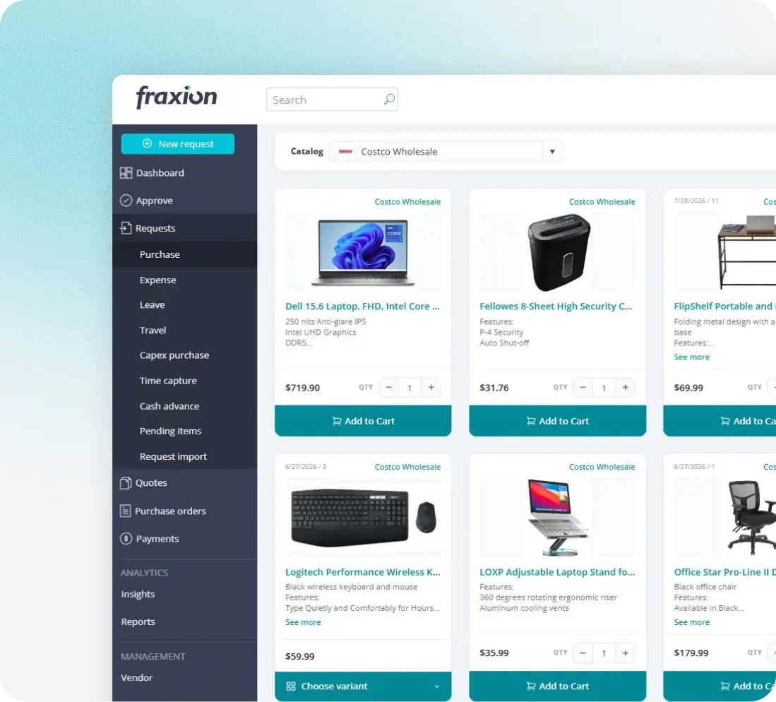 Fraxion catalog with approved vendor items and pricing