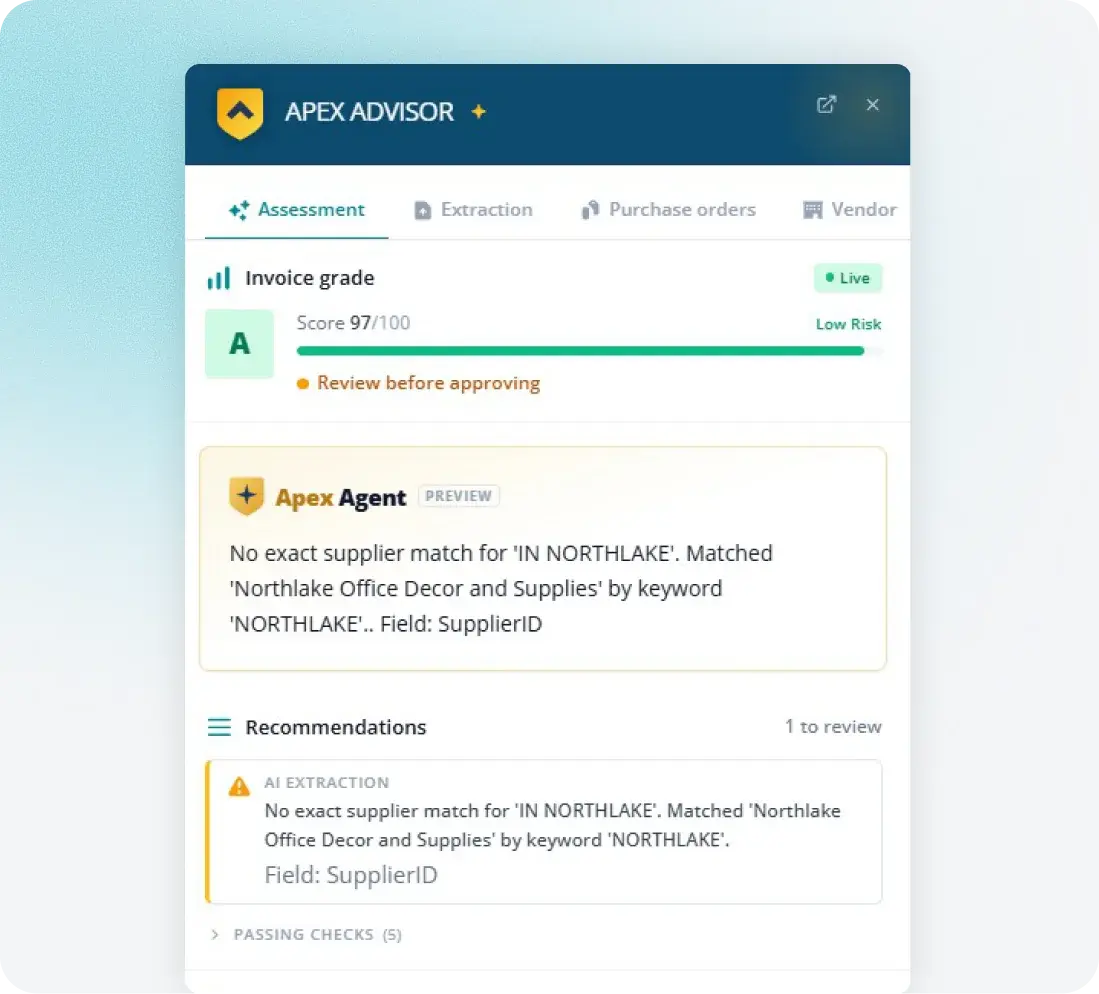 Fraxion Apex advisor flagging a duplicate invoice for review