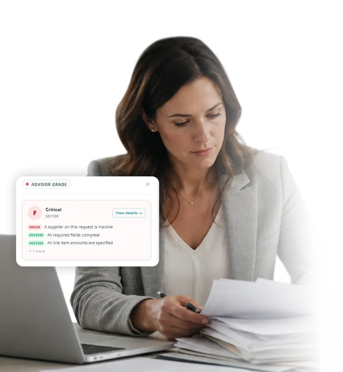 Finance manager reviewing an Advisor Grade risk card
