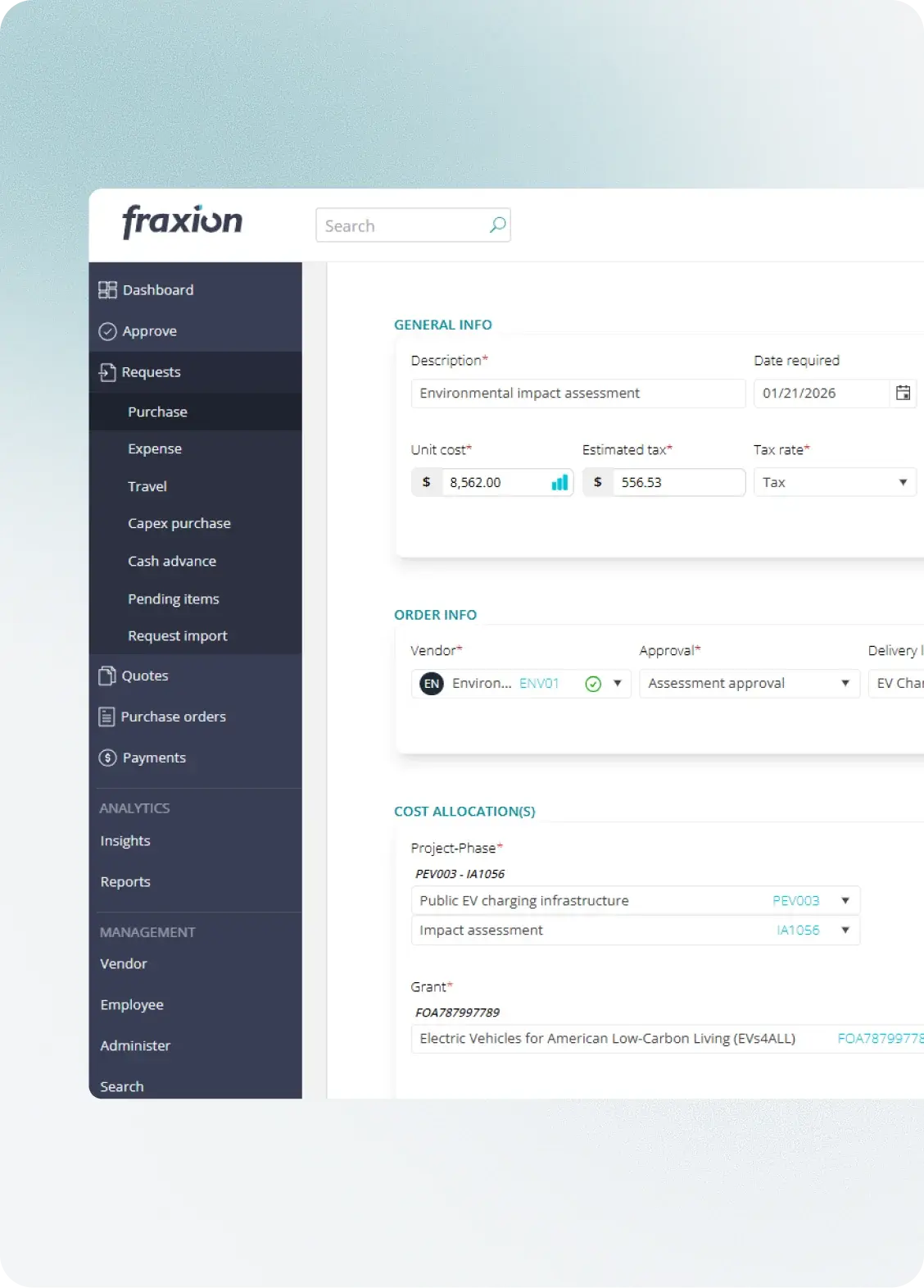 Purchase request with grant, cost allocation, and approval routing